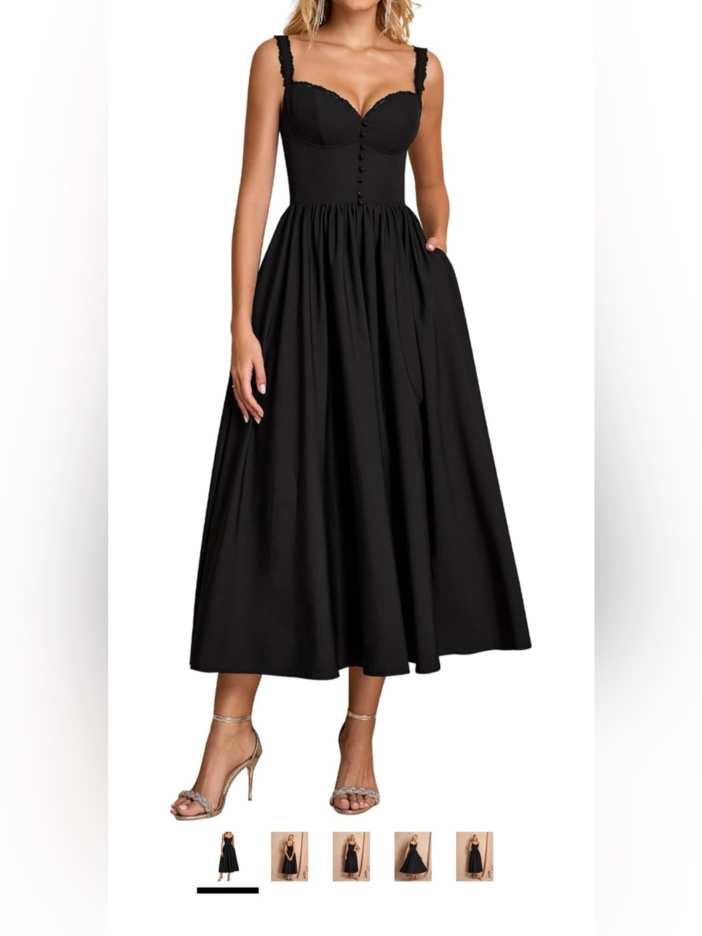 Elegant Black Midi Dress with Gathered Waist and Side Pockets